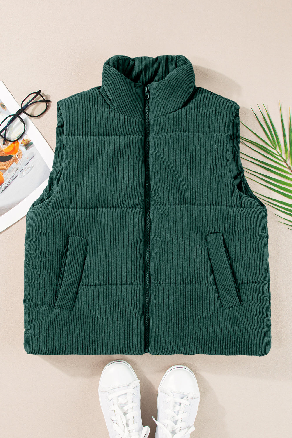 Jungle Green Solid Color Corduroy Puffer Vest Coat