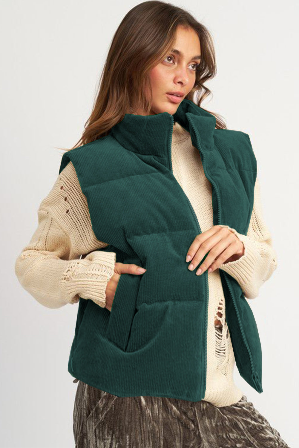 Jungle Green Solid Color Corduroy Puffer Vest Coat