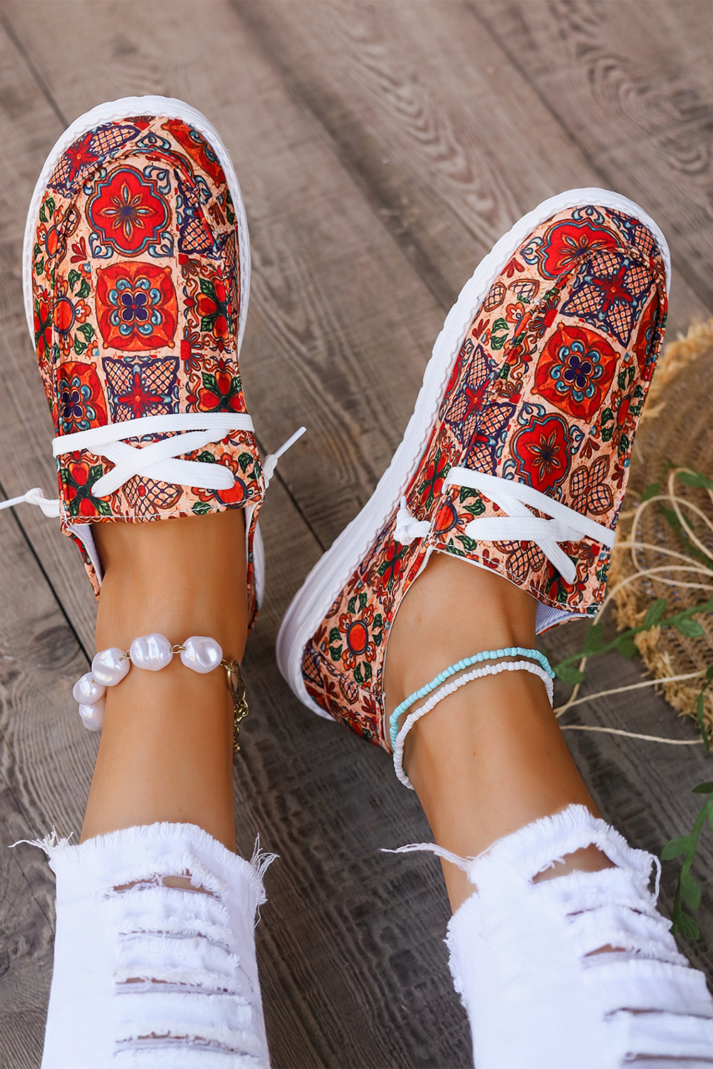 Fiery Red Ethnic Print Flat Slip On Shoes