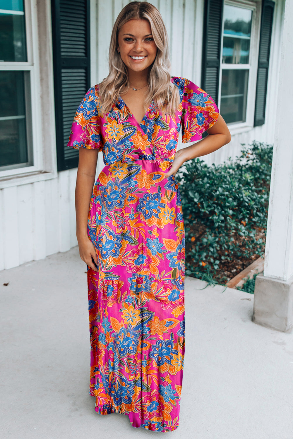 Abstract Print Wrap V Neck Flutter Sleeve Mid Length Summer Dress