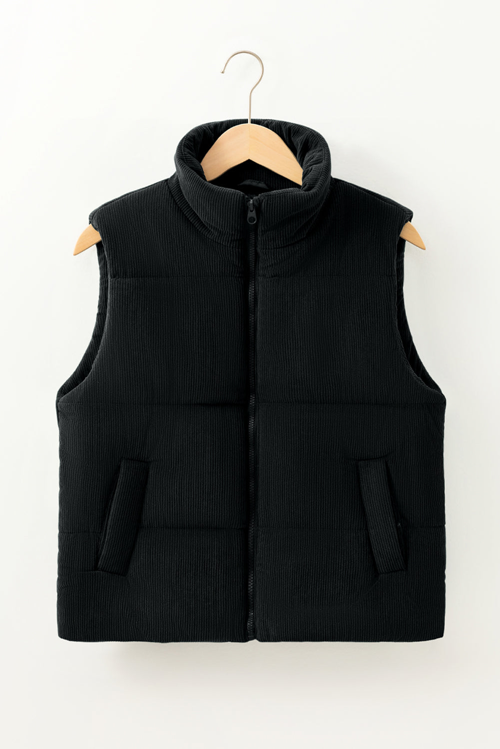 Jungle Green Solid Color Corduroy Puffer Vest Coat