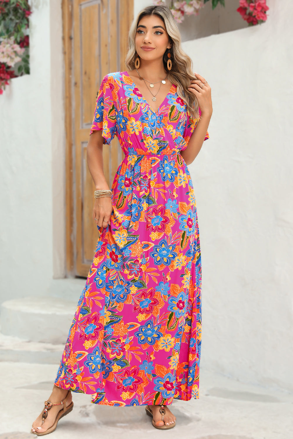 Abstract Print Wrap V Neck Flutter Sleeve Mid Length Summer Dress