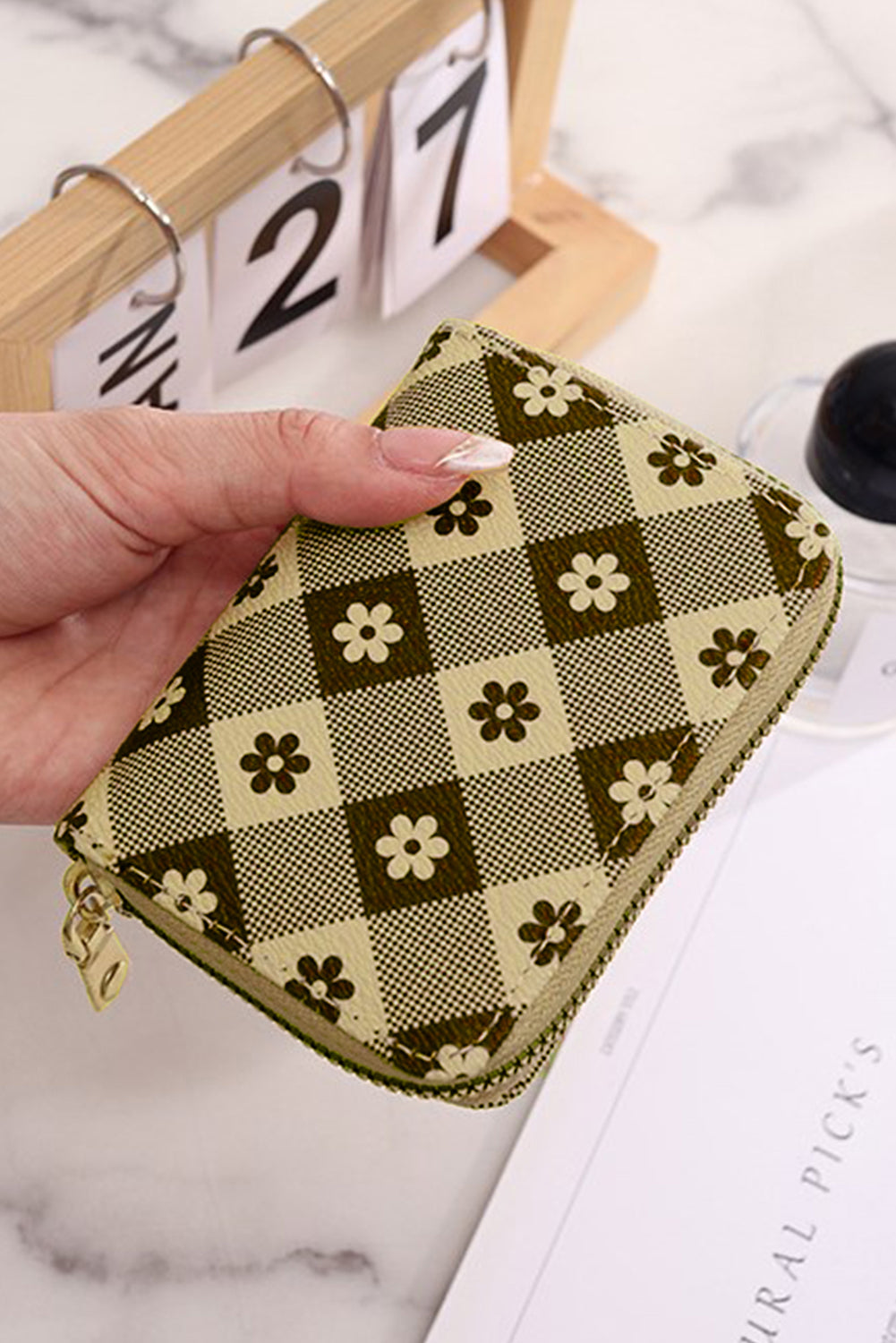 Khaki Flower Checkered PU Leather Wallet