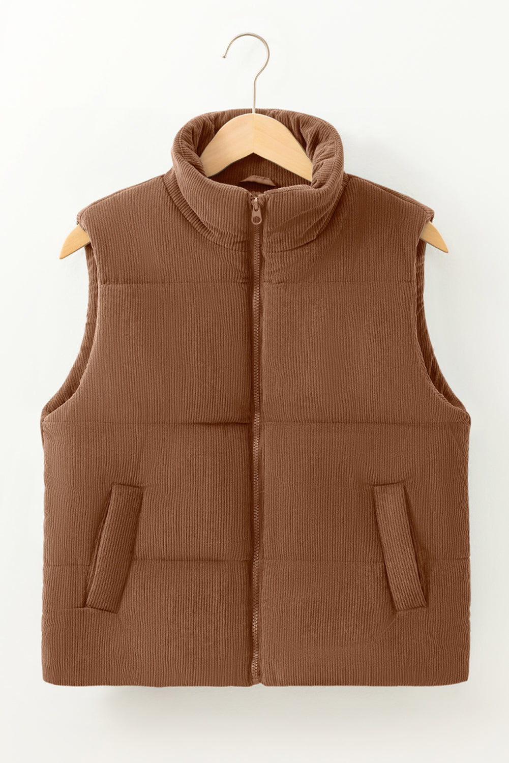 Jungle Green Solid Color Corduroy Puffer Vest Coat