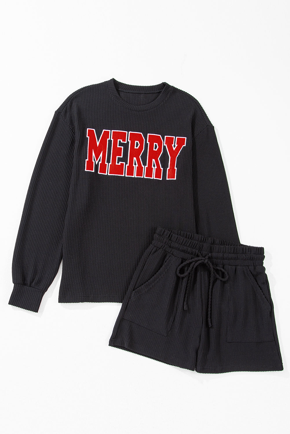 Evergreen Corded MERRY Long Sleeve Top and Shorts Pajama Set