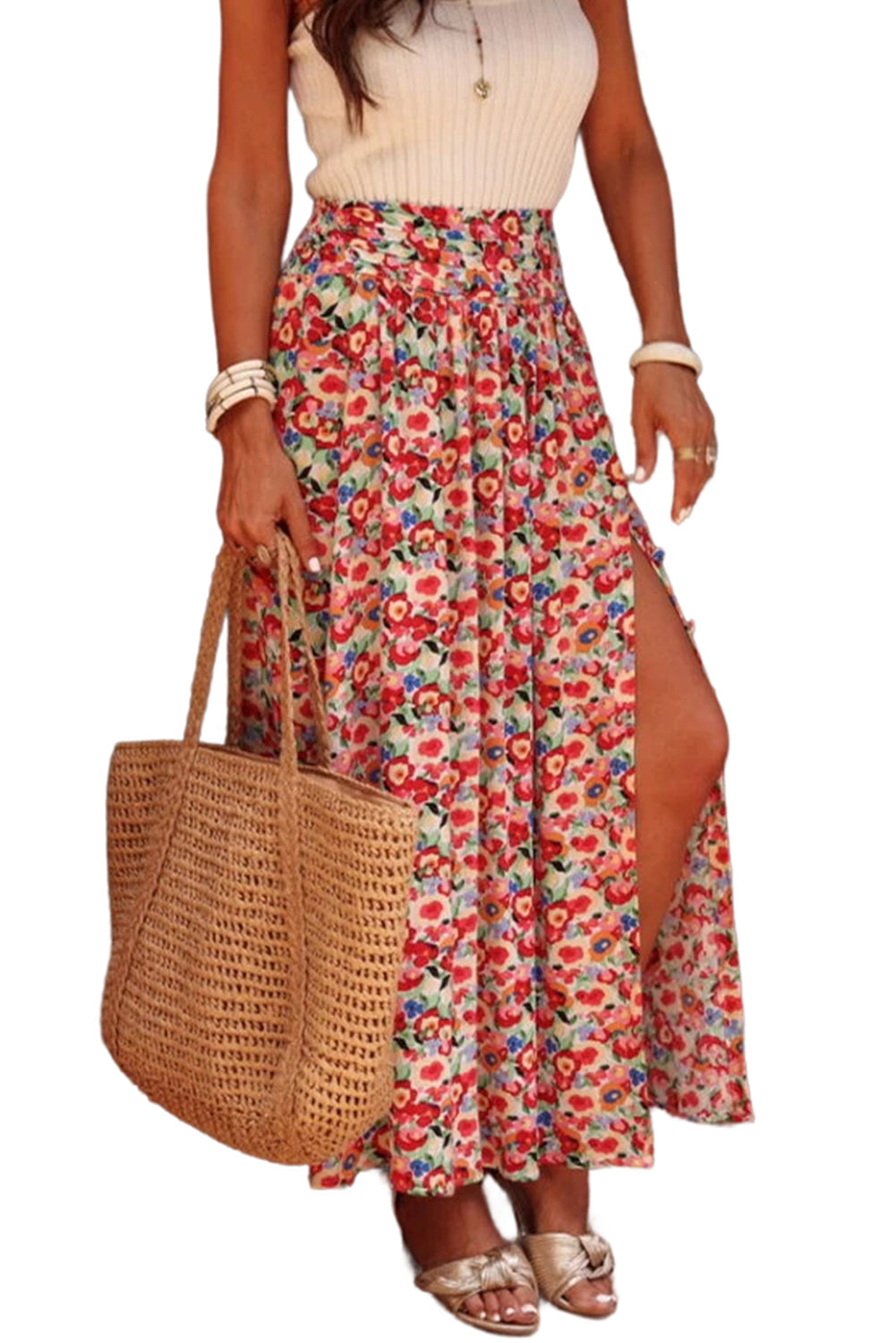 Red Floral Print Wide Waistband Side Slit Maxi Skirt