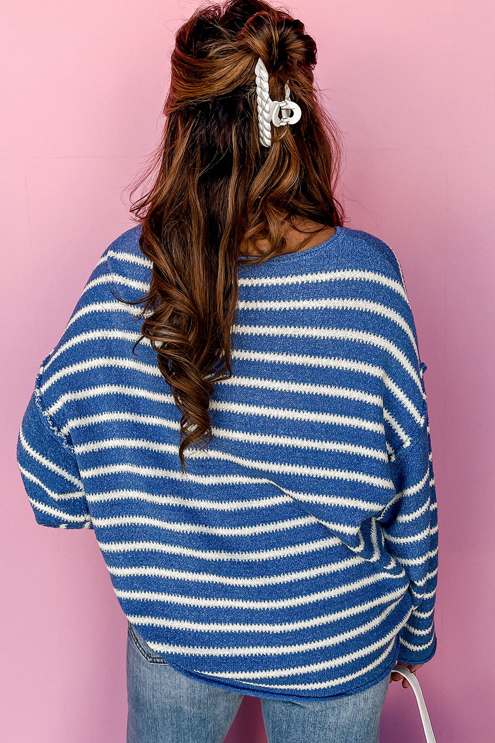 Sky Blue Striped Drop Shoulder Plus Size Sweater