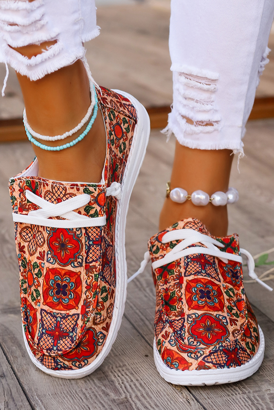 Fiery Red Ethnic Print Flat Slip On Shoes