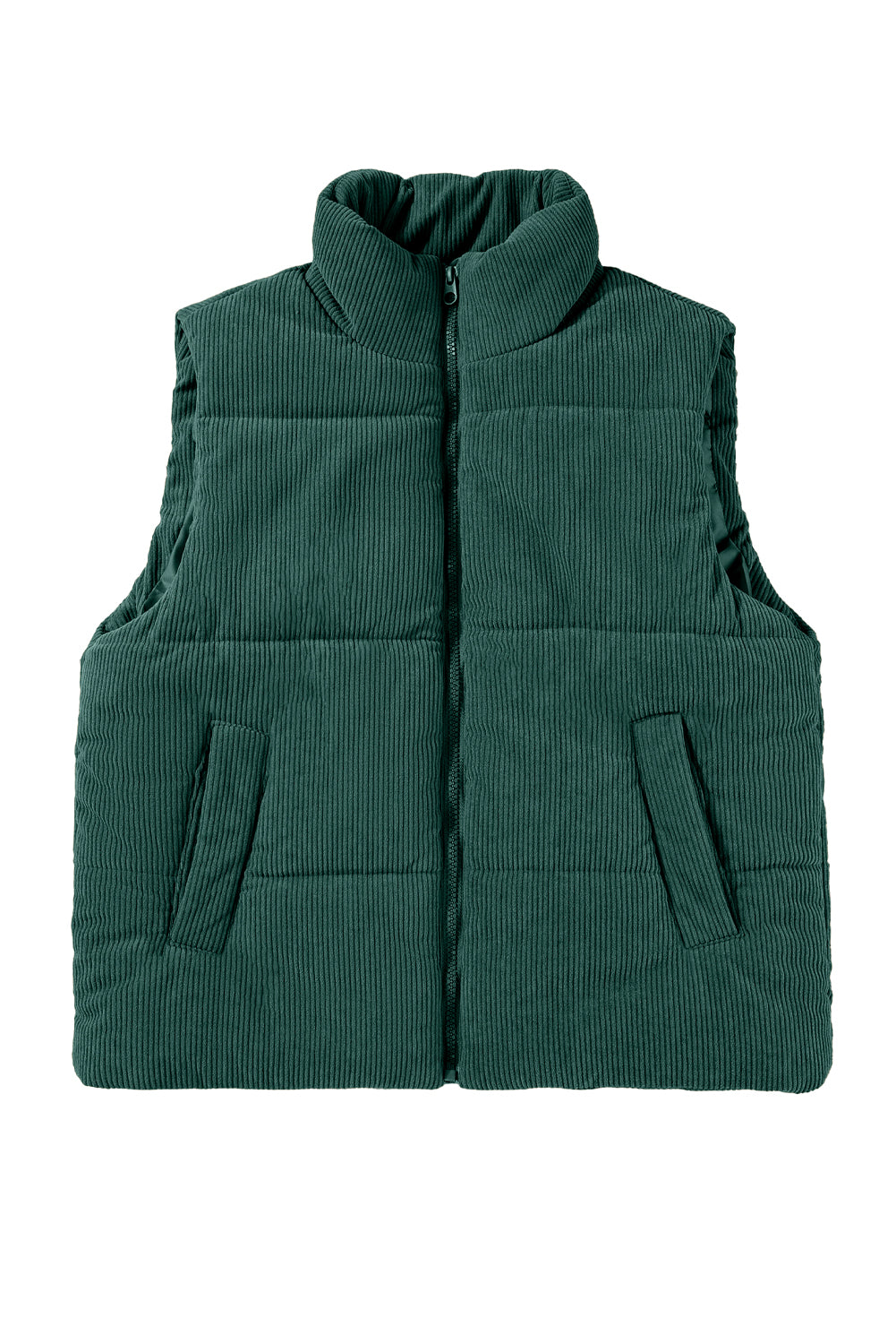 Jungle Green Solid Color Corduroy Puffer Vest Coat