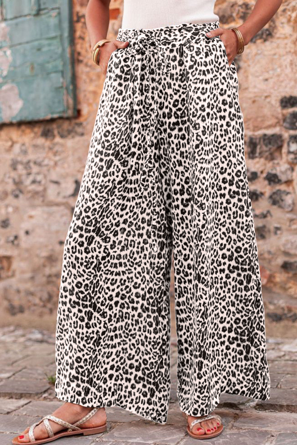 Bright Pink Boho Leopard Print Wide Leg Pants