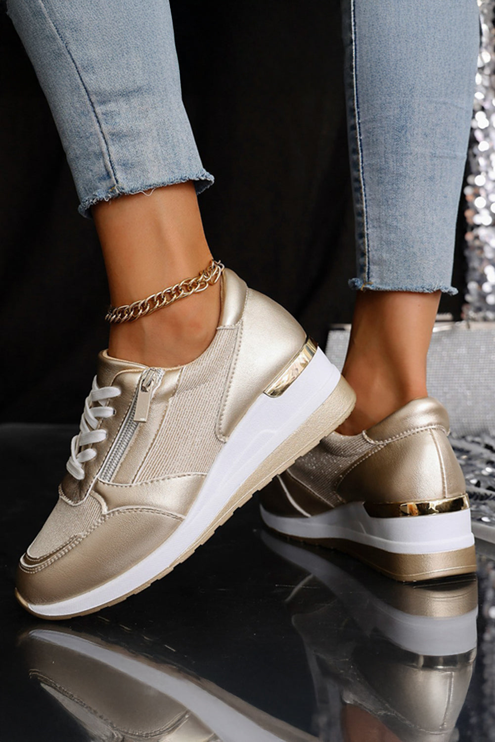 Silvery PU Leather Patchwork Zipper Lace-up Sneakers