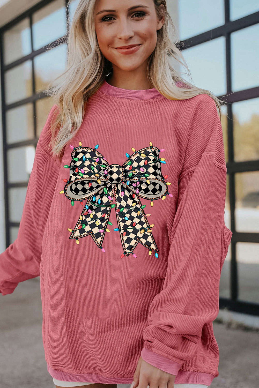 Strawberry Pink Checkered Bow Print Ribbed Crew Neck Pullover Sweatshirt