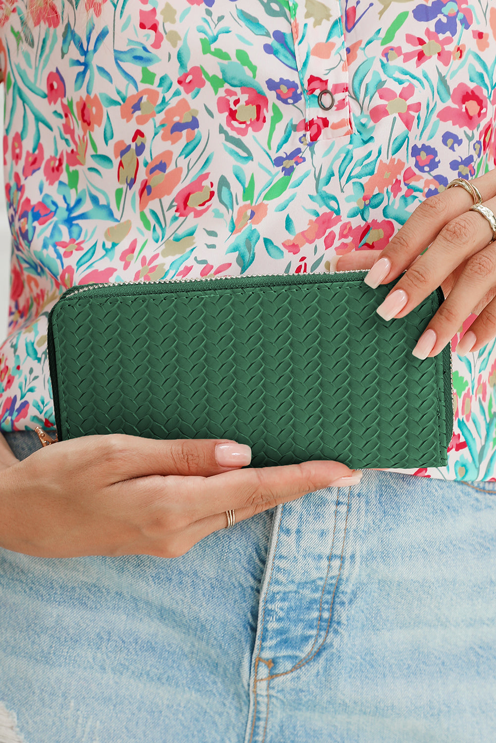 Blackish Green Woven Textured Zip Around Wallet