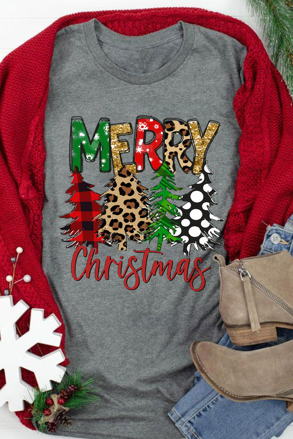 Gray Merry Christmas Tree Print Crew Neck Graphic Tee