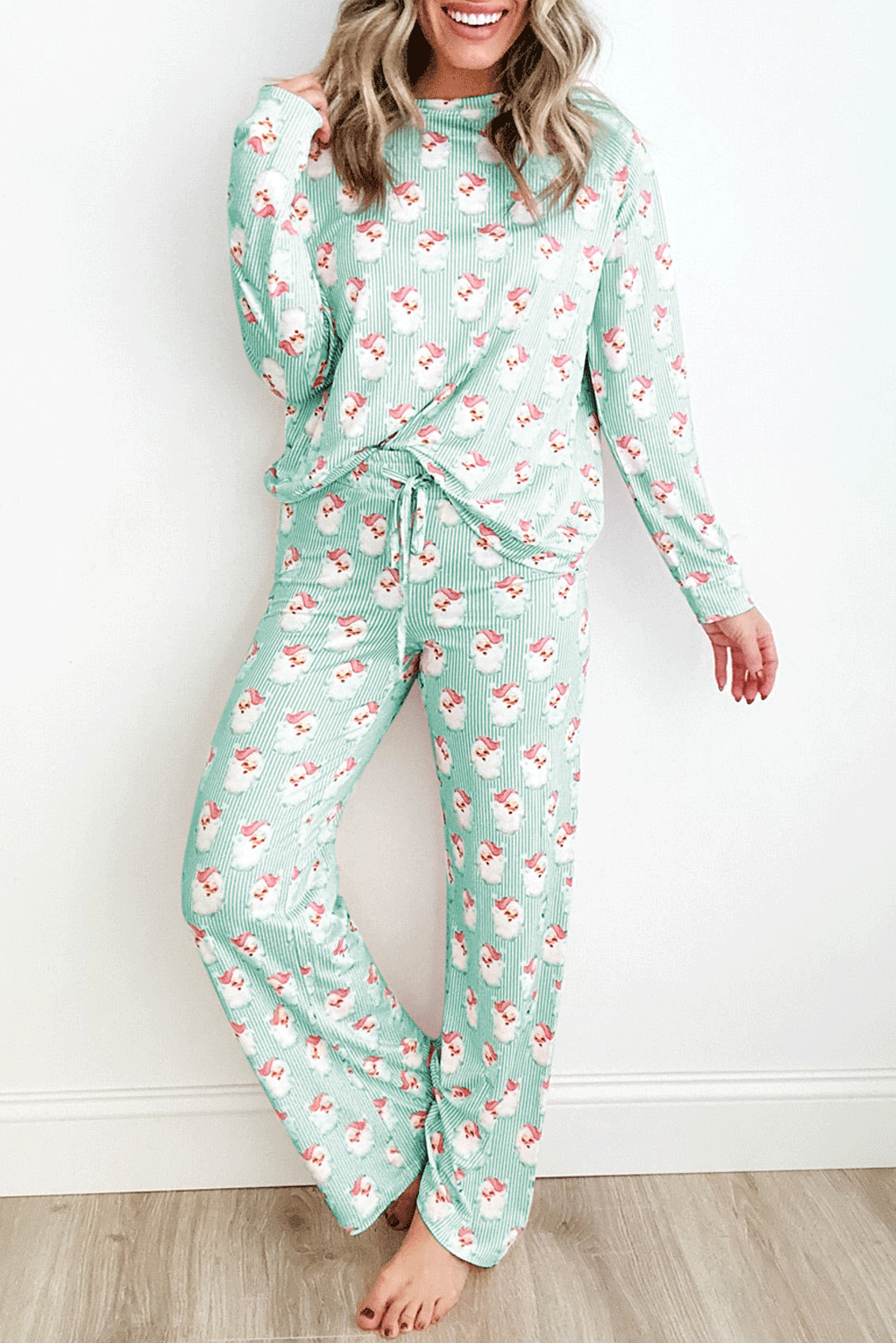 Pink Santa Claus Striped Print Loose Fit Two Piece Loungewear Set