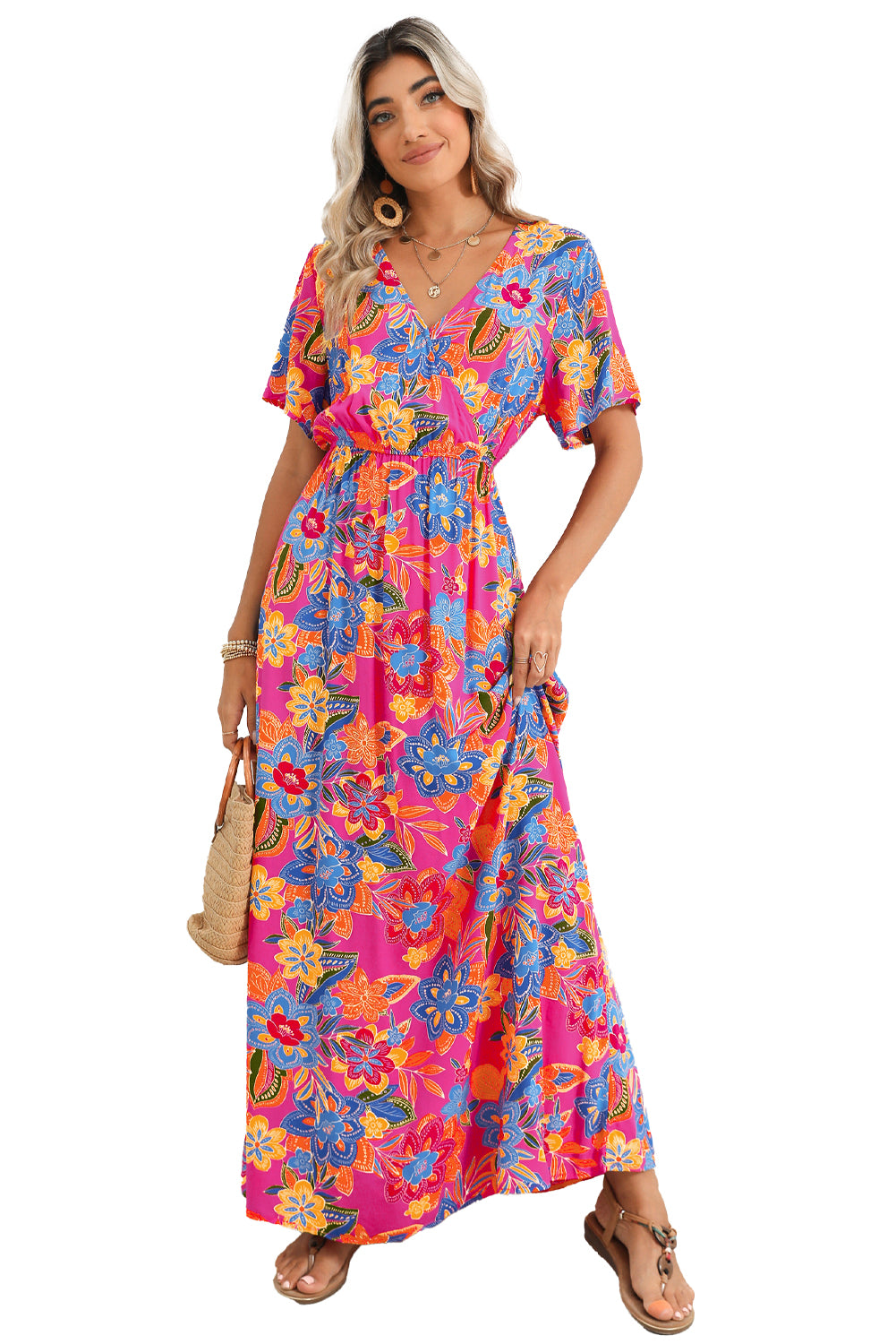 Abstract Print Wrap V Neck Flutter Sleeve Mid Length Summer Dress