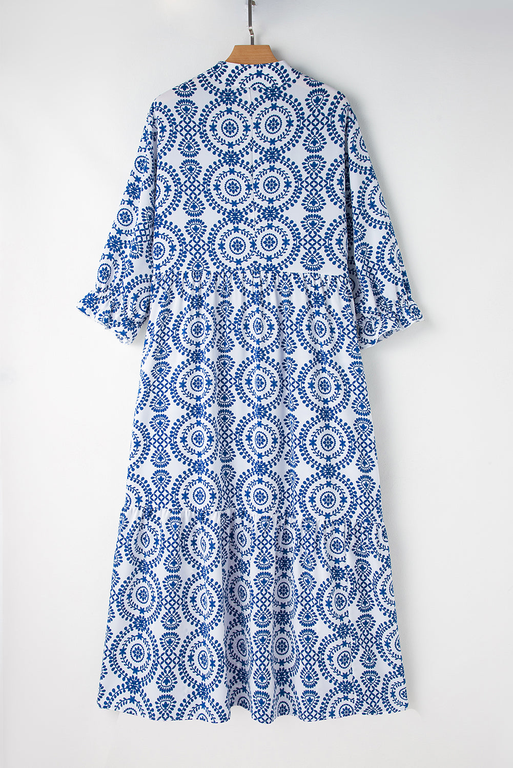 Sky Blue Ethnic Geometric Print Notch Neck Plus Size Maxi Dress