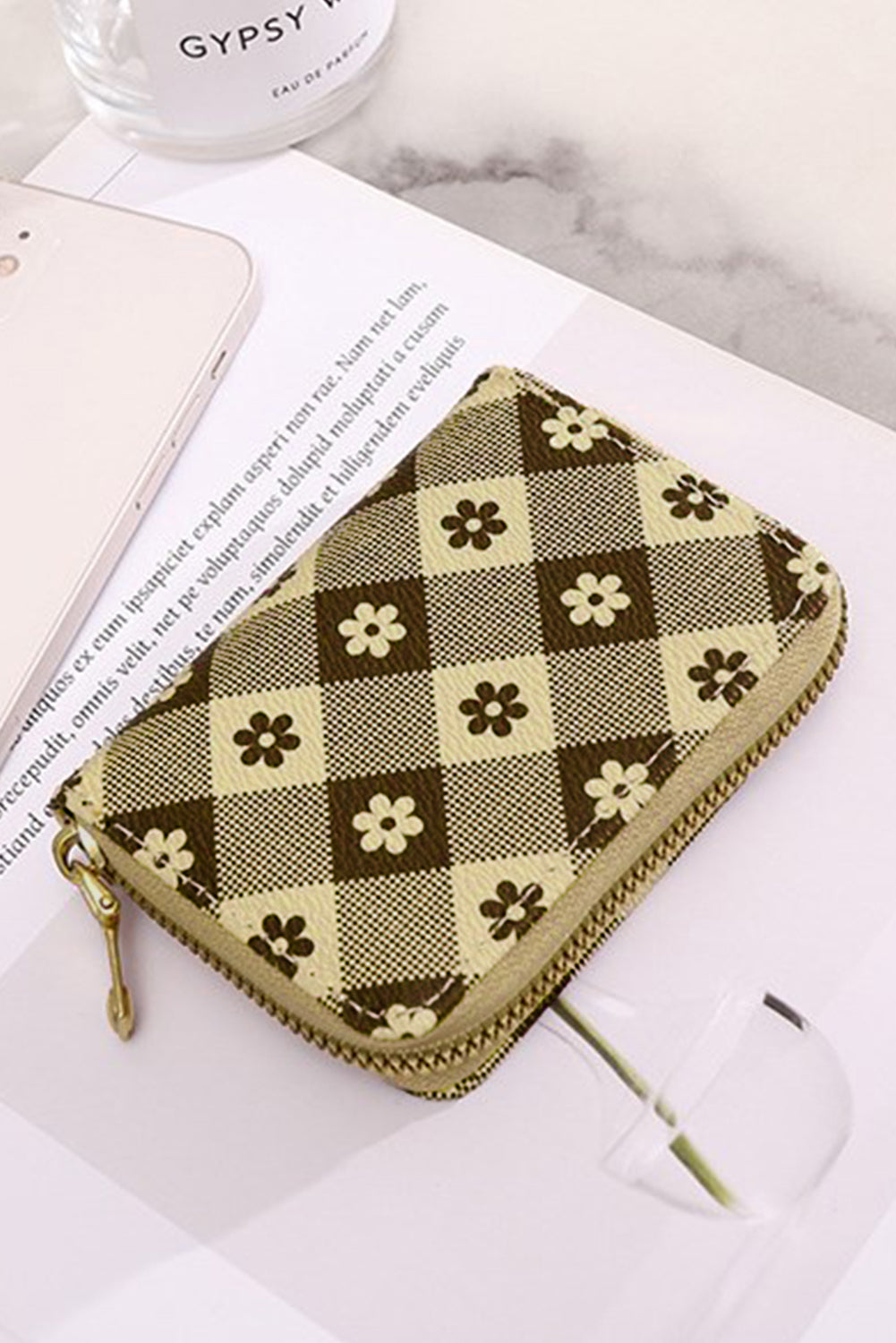 Khaki Flower Checkered PU Leather Wallet