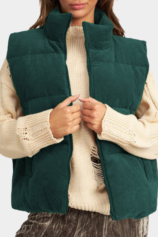 Jungle Green Solid Color Corduroy Puffer Vest Coat