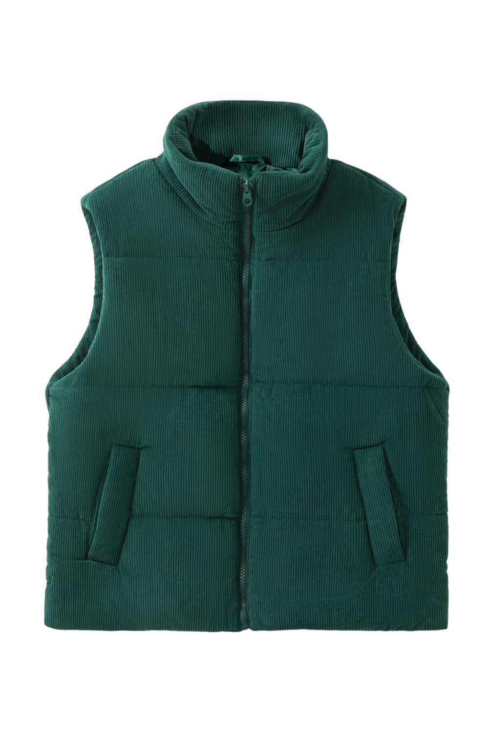 Jungle Green Solid Color Corduroy Puffer Vest Coat