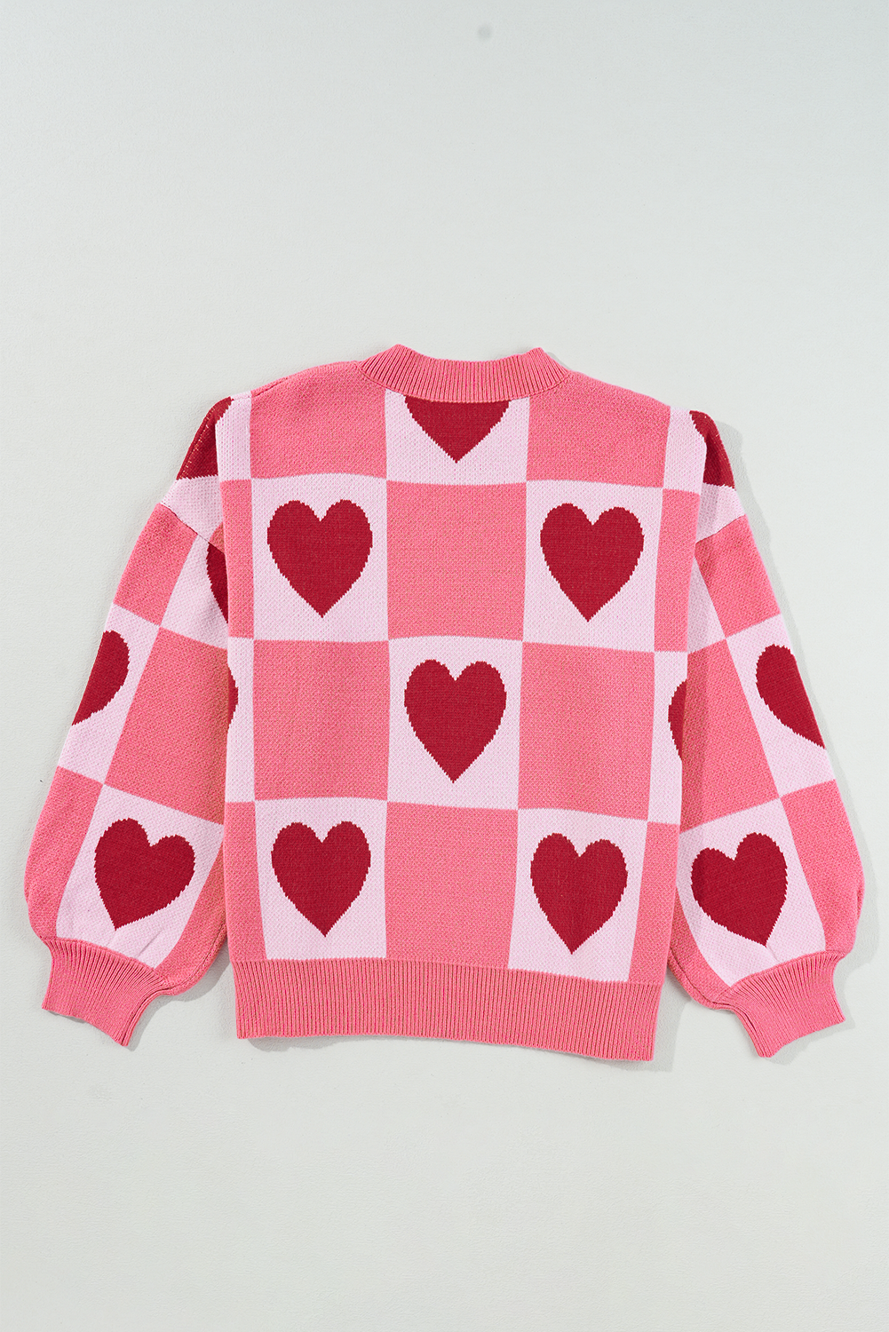 Pink Plus Size Heart Colorblock Mock Neck Lantern Sleeve Sweater