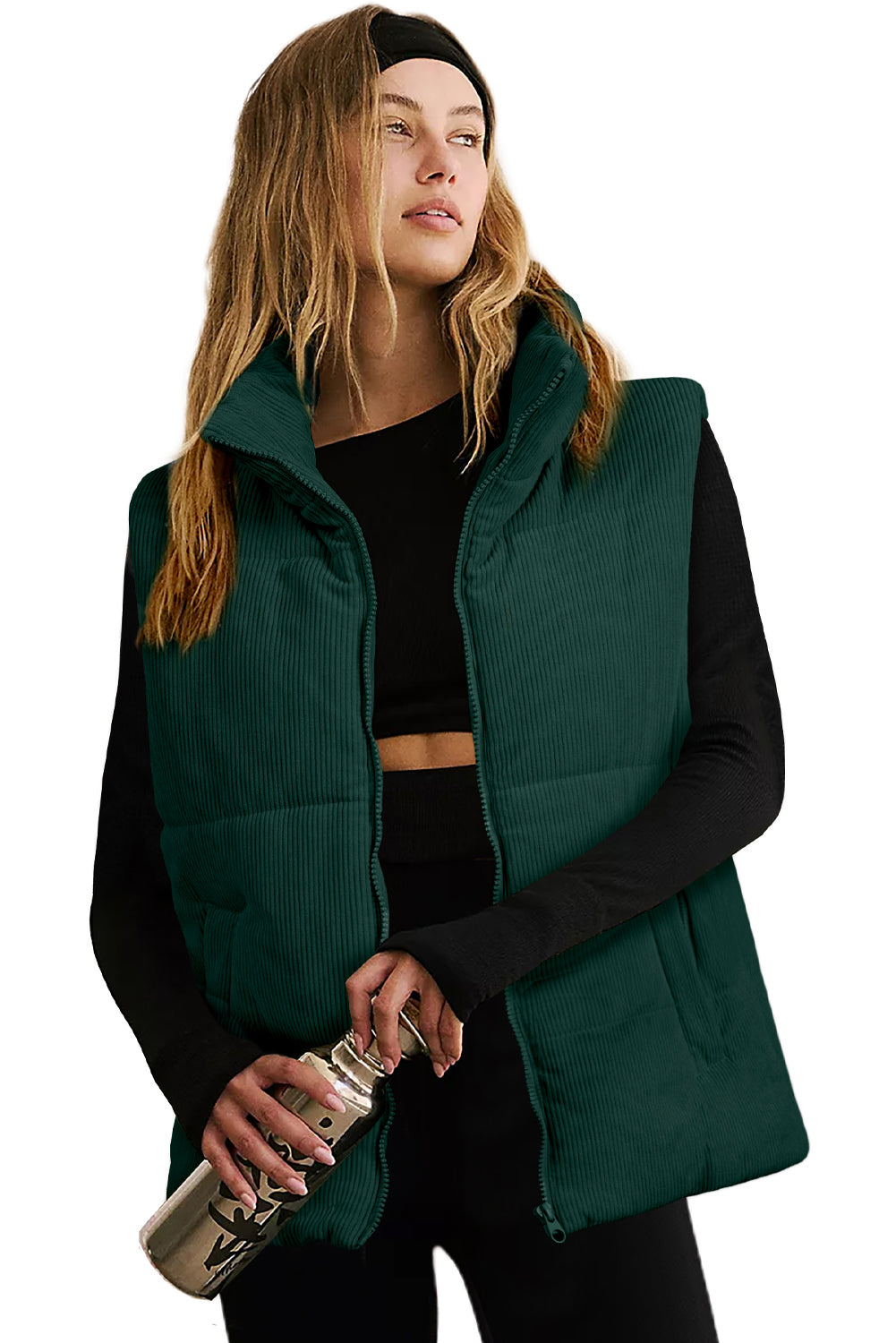 Jungle Green Solid Color Corduroy Puffer Vest Coat