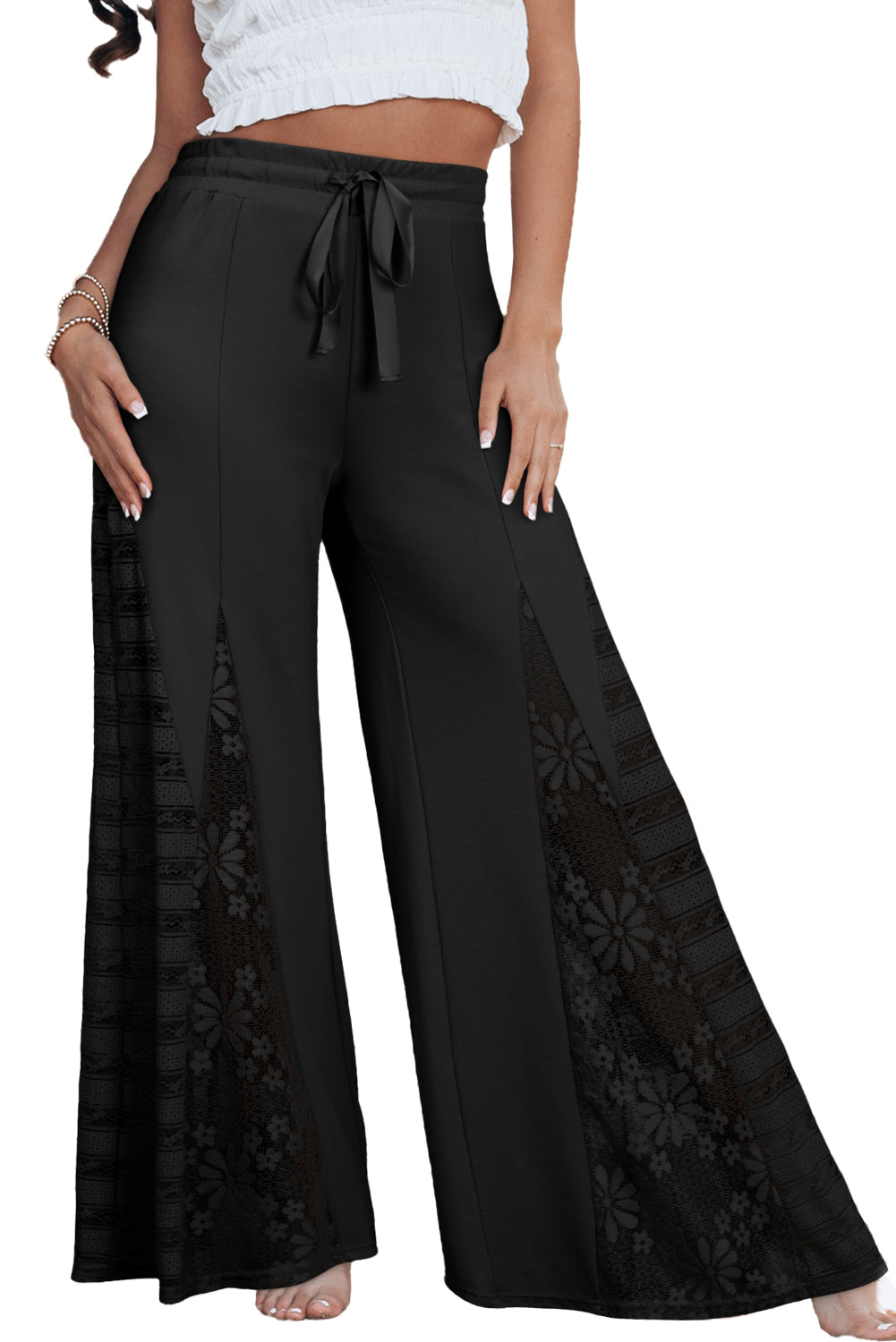 Smoke Gray Lace Patchwork Wide Leg High Waist Pants