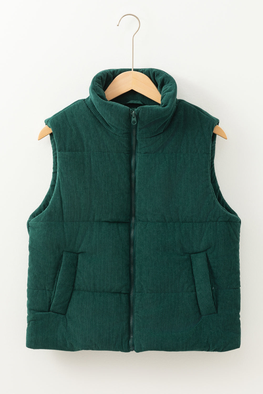 Jungle Green Solid Color Corduroy Puffer Vest Coat