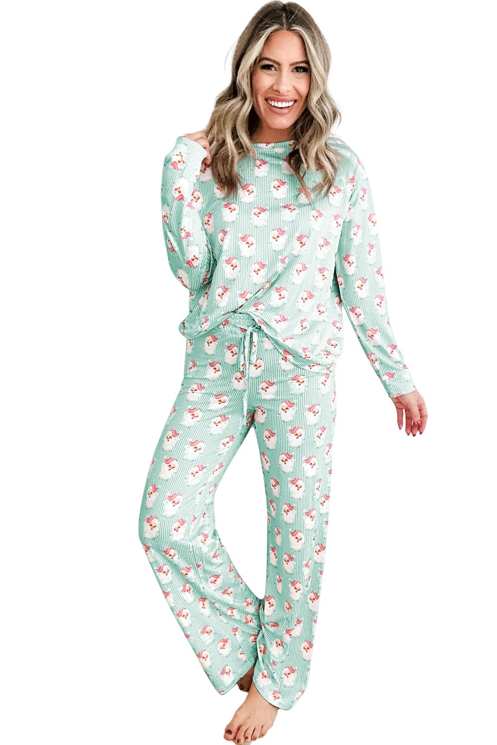 Pink Santa Claus Striped Print Loose Fit Two Piece Loungewear Set