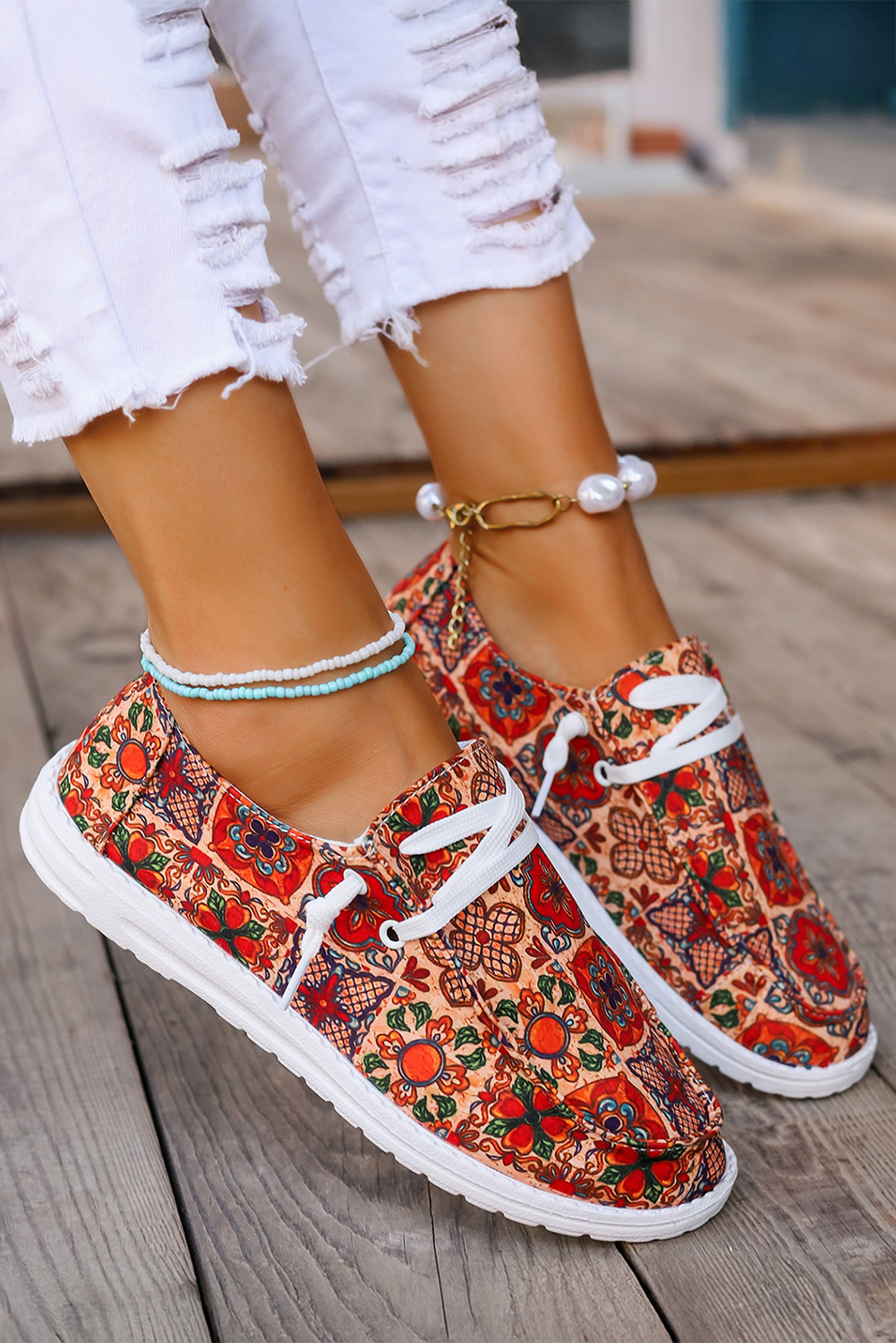 Fiery Red Ethnic Print Flat Slip On Shoes