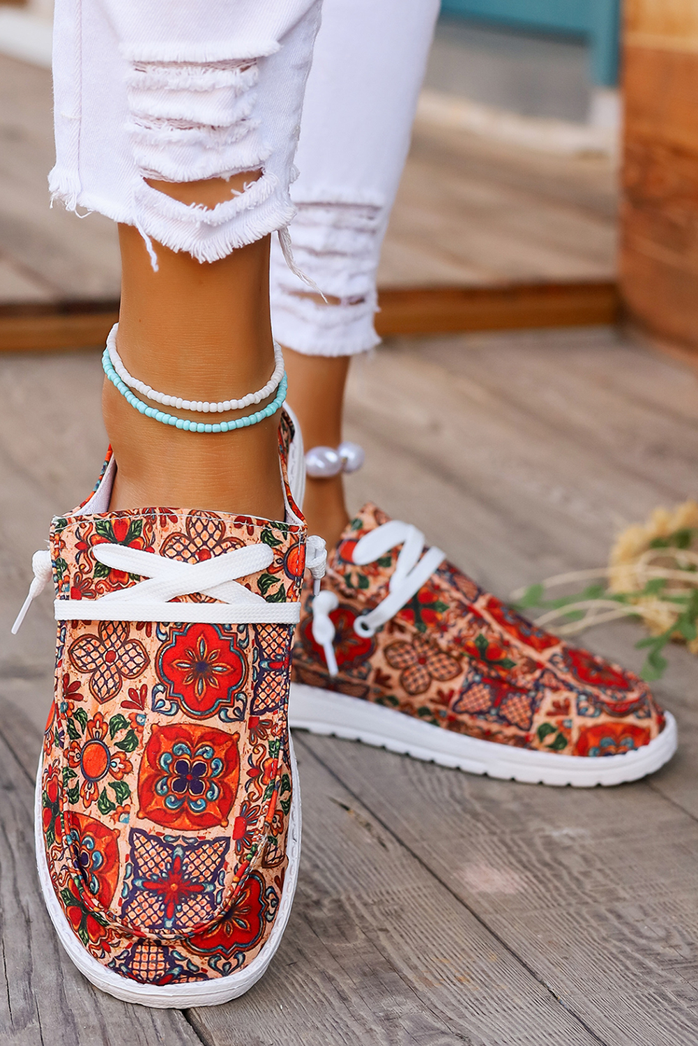 Fiery Red Ethnic Print Flat Slip On Shoes