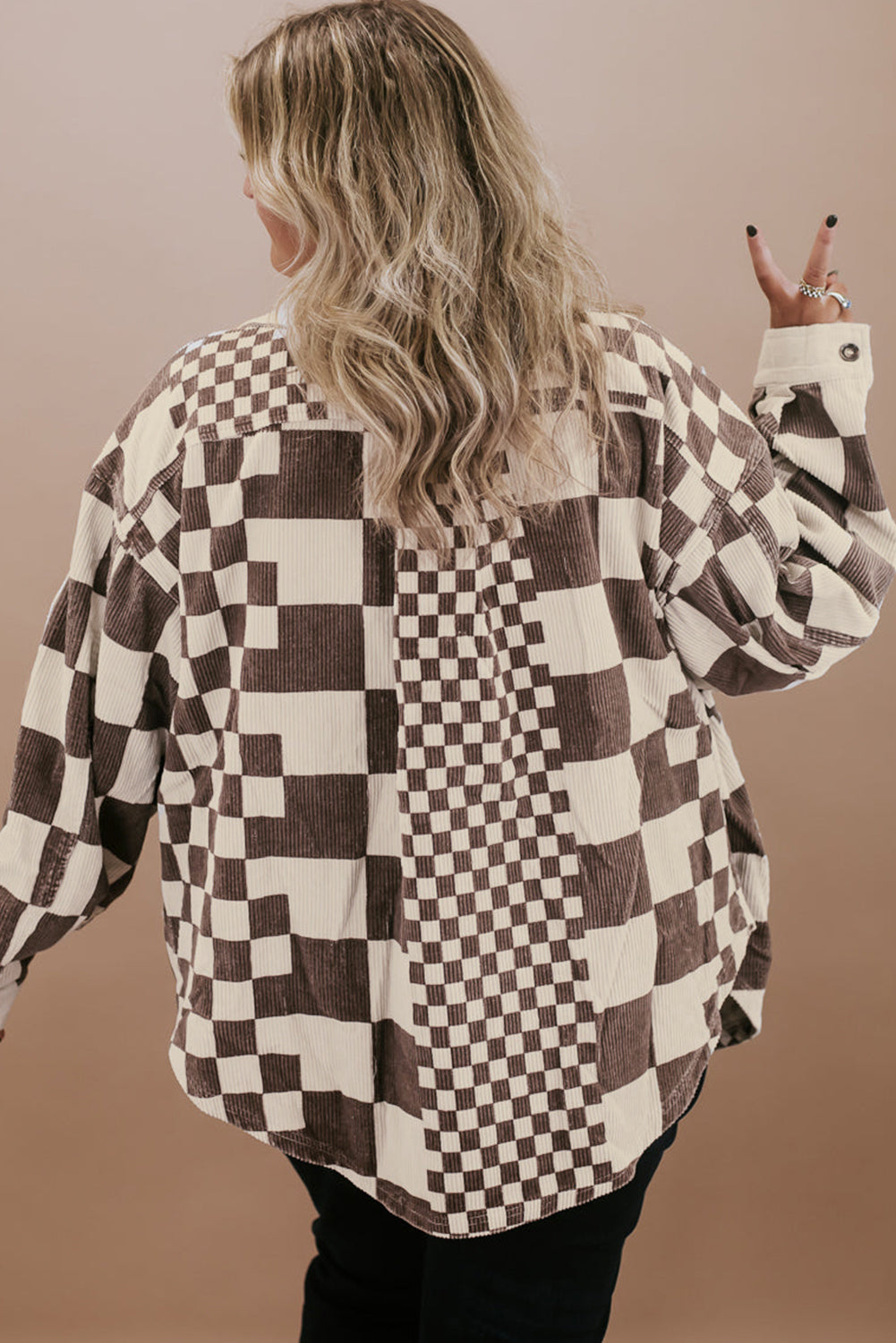 Brown Checkered Print Corduroy Plus Size Shacket