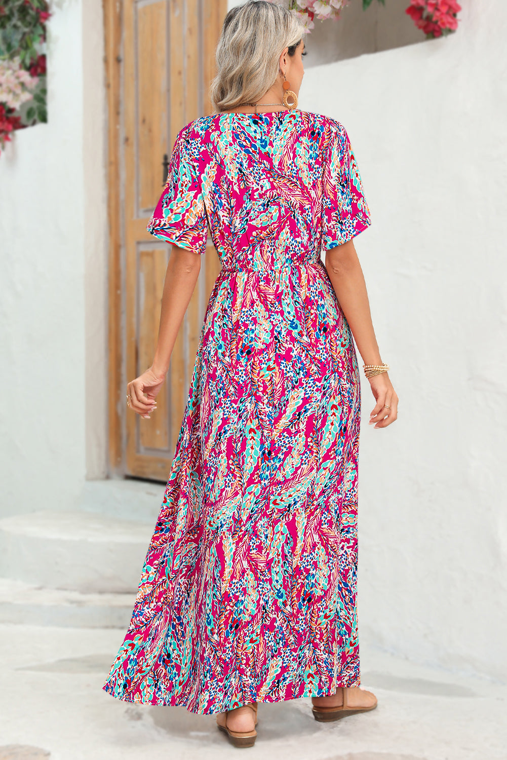 Abstract Print Wrap V Neck Flutter Sleeve Mid Length Summer Dress