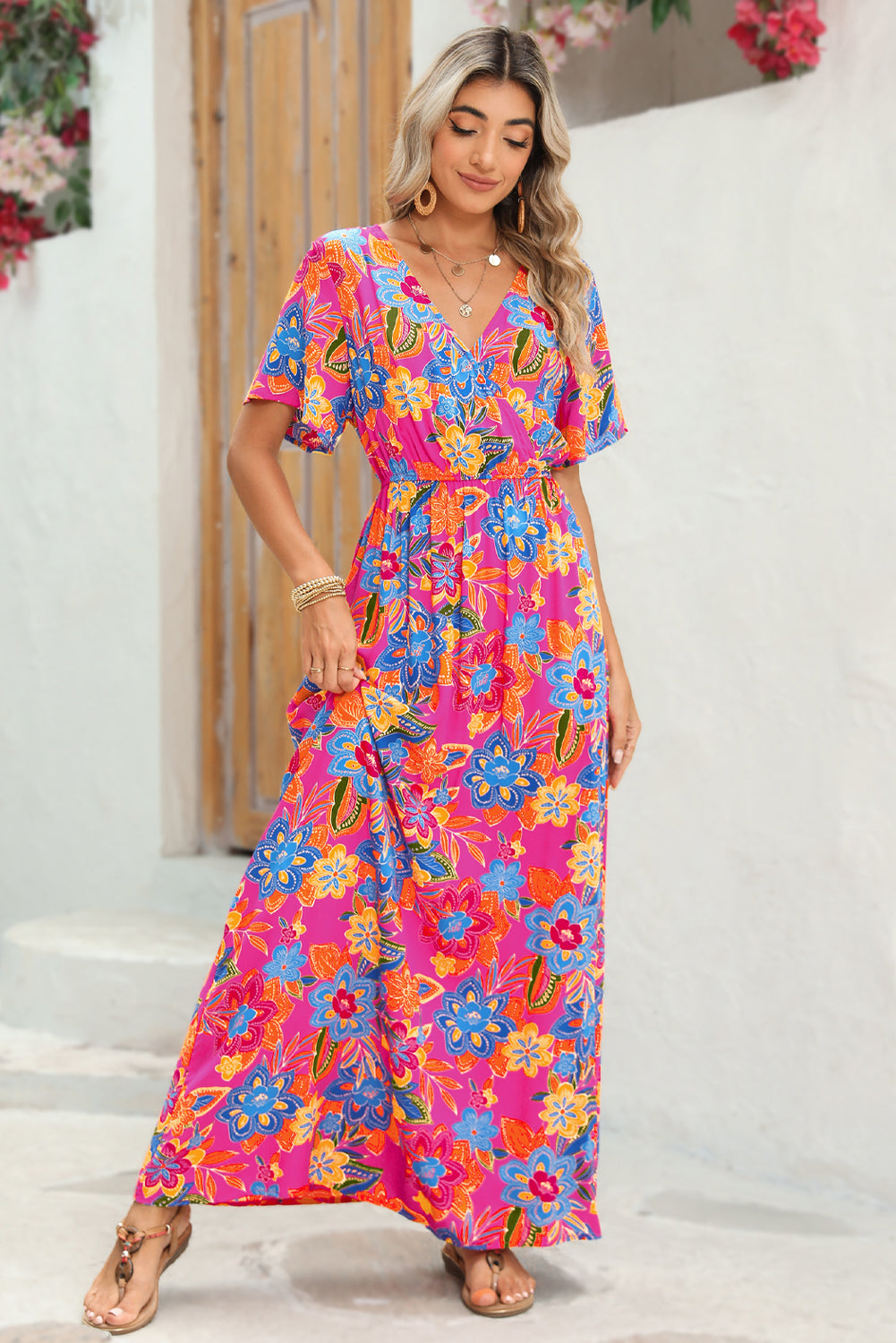 Abstract Print Wrap V Neck Flutter Sleeve Mid Length Summer Dress