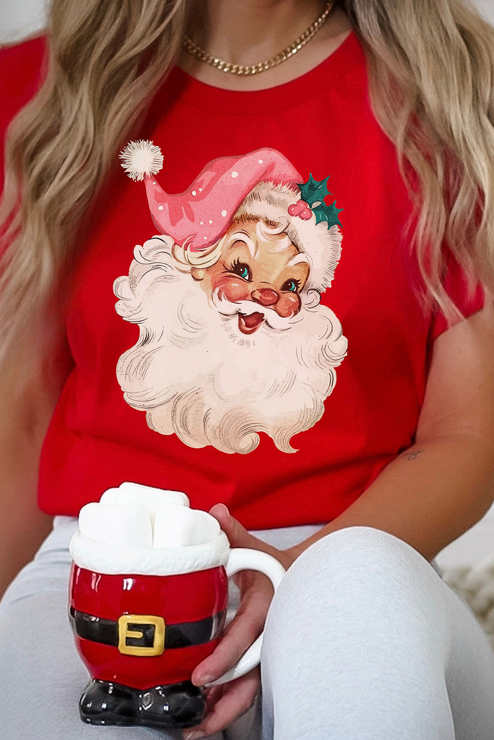 Red Christmas Santa Clause Print Crew Neck T Shirt