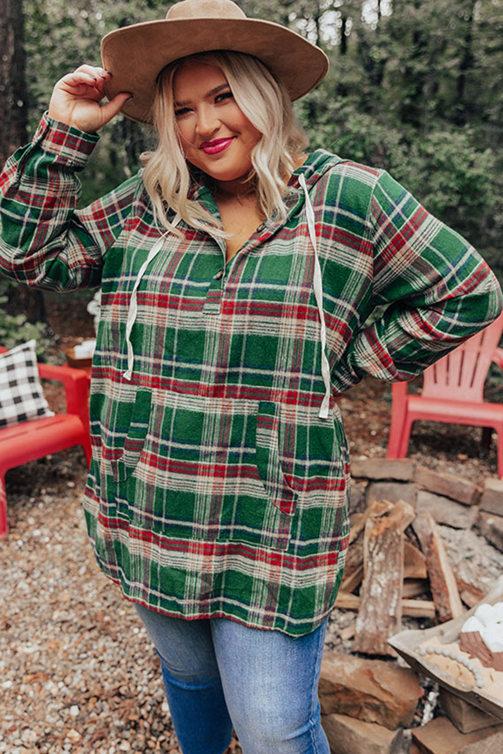 Red Plus Size Plaid Kangaroo Pocket Drawstring Hoodie