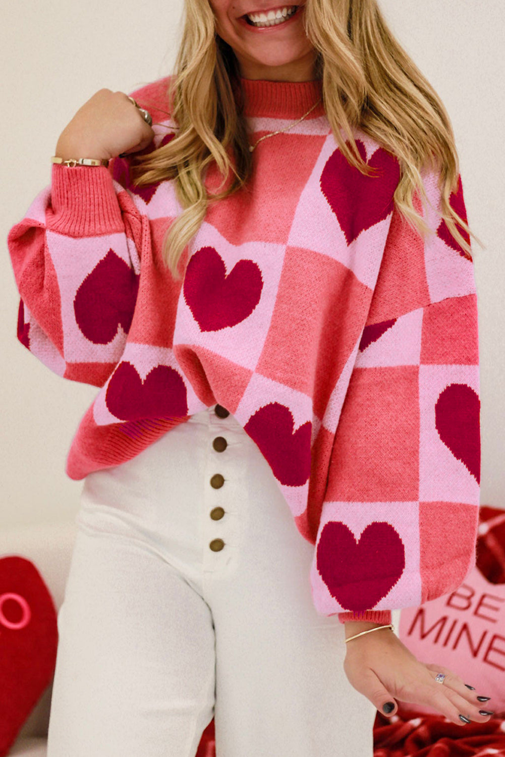 Pink Plus Size Heart Colorblock Mock Neck Lantern Sleeve Sweater