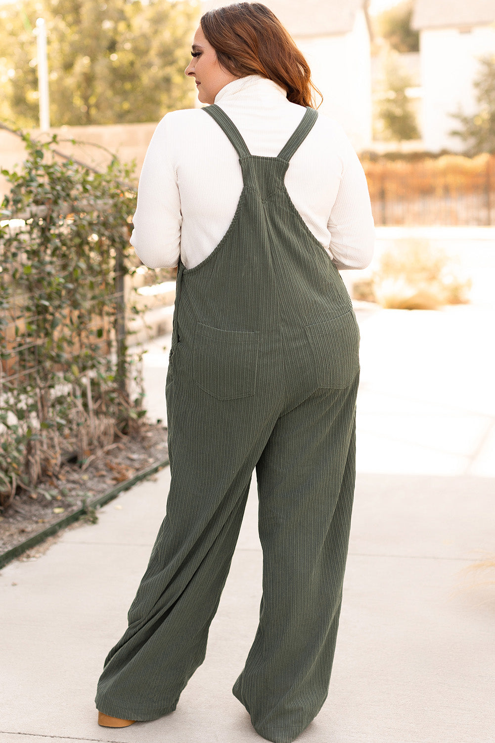 Jungle Green Plus Size Side Pockets Corduroy Overall