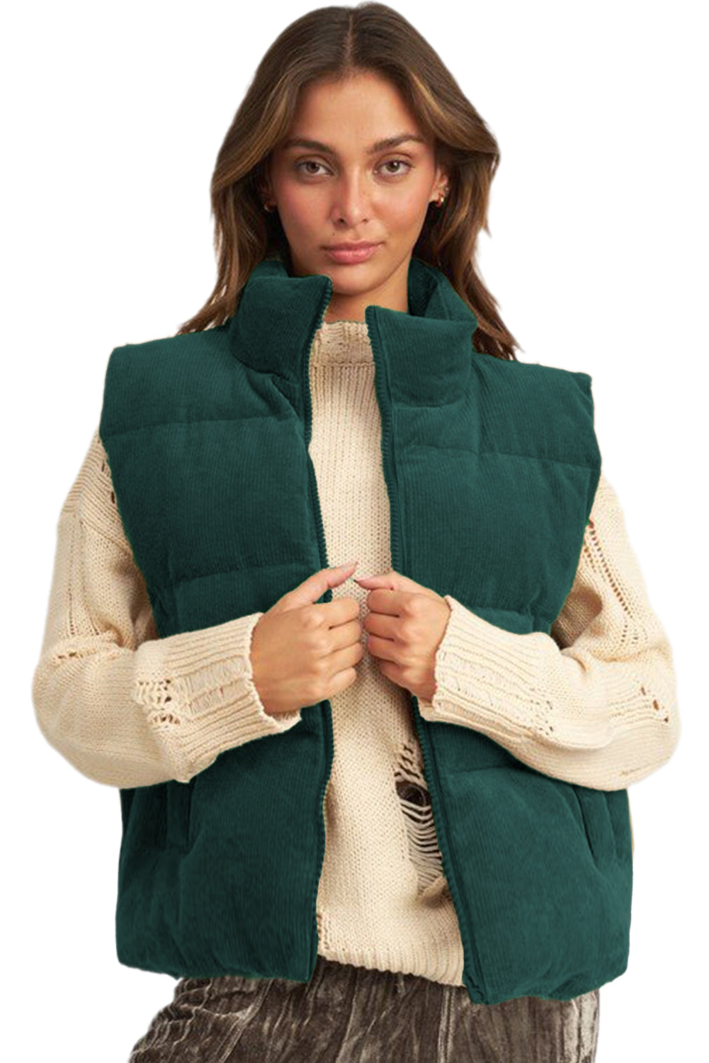 Jungle Green Solid Color Corduroy Puffer Vest Coat