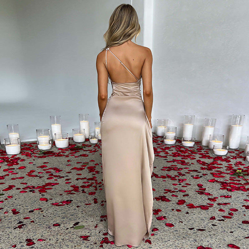 Sexy One-Shoulder Backless Slit Dress Summer Elegant Slim-Fit Solid Color Satin Dresses for Women