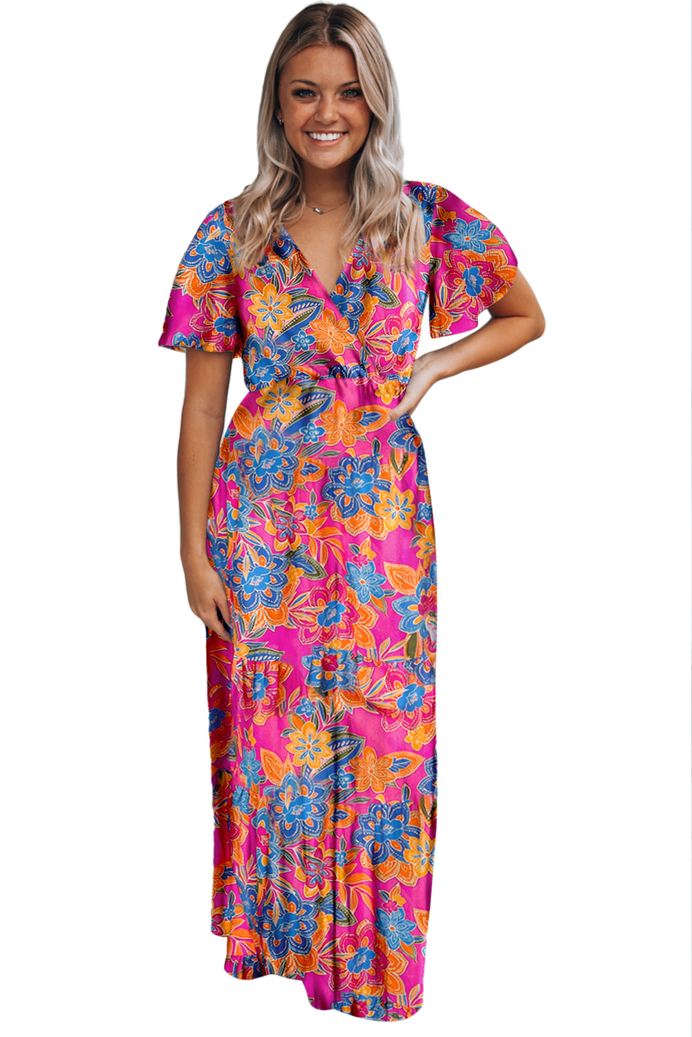 Abstract Print Wrap V Neck Flutter Sleeve Mid Length Summer Dress