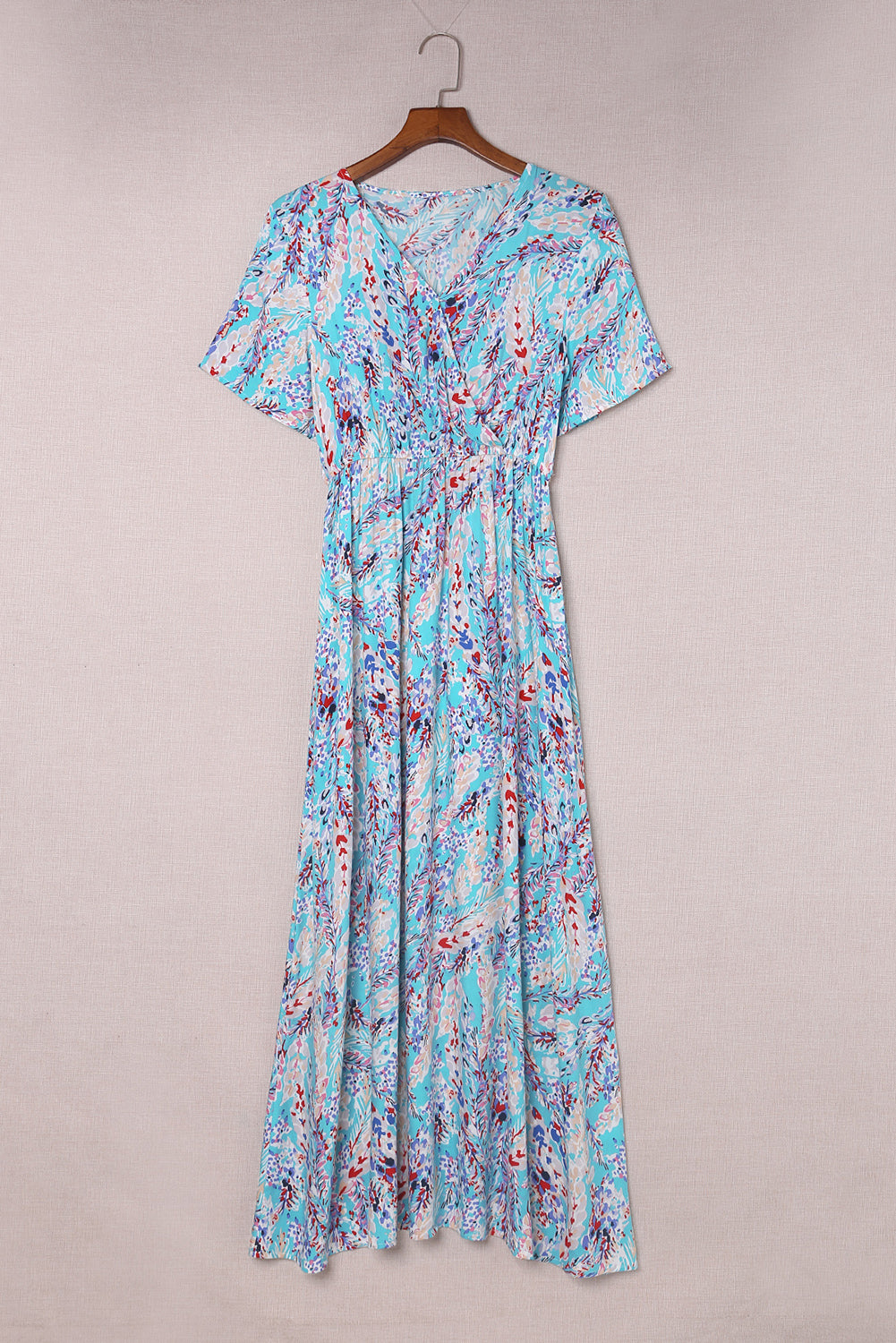 Abstract Print Wrap V Neck Flutter Sleeve Mid Length Summer Dress