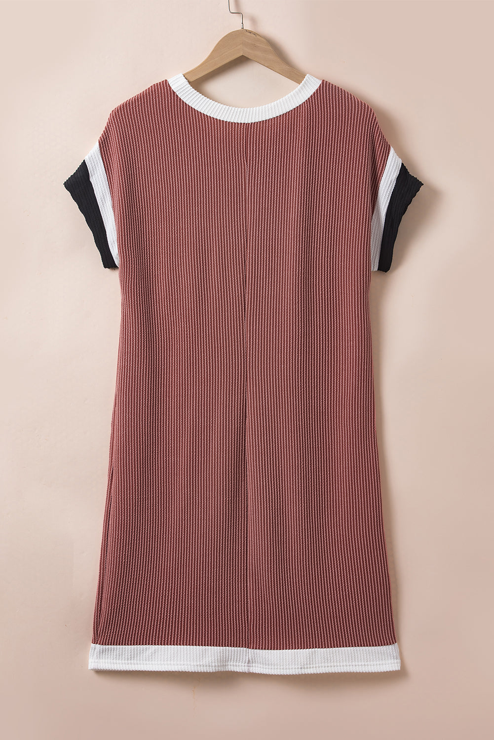 Rose Red Rib Textured Colorblock Contrast Pocket T Shirt Dress