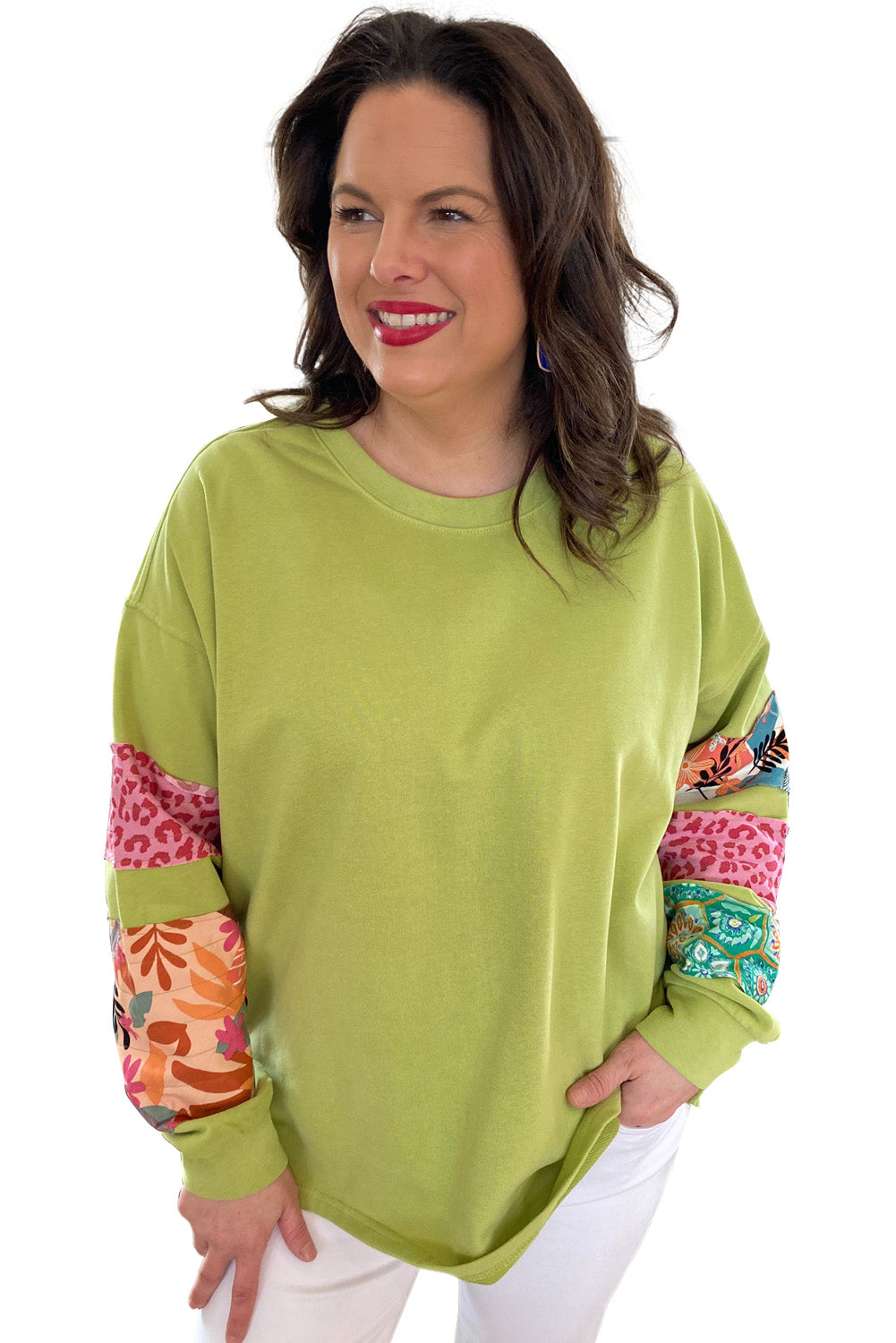 Green Leopard Patchwork Sleeve Split Plus Sweatshirt