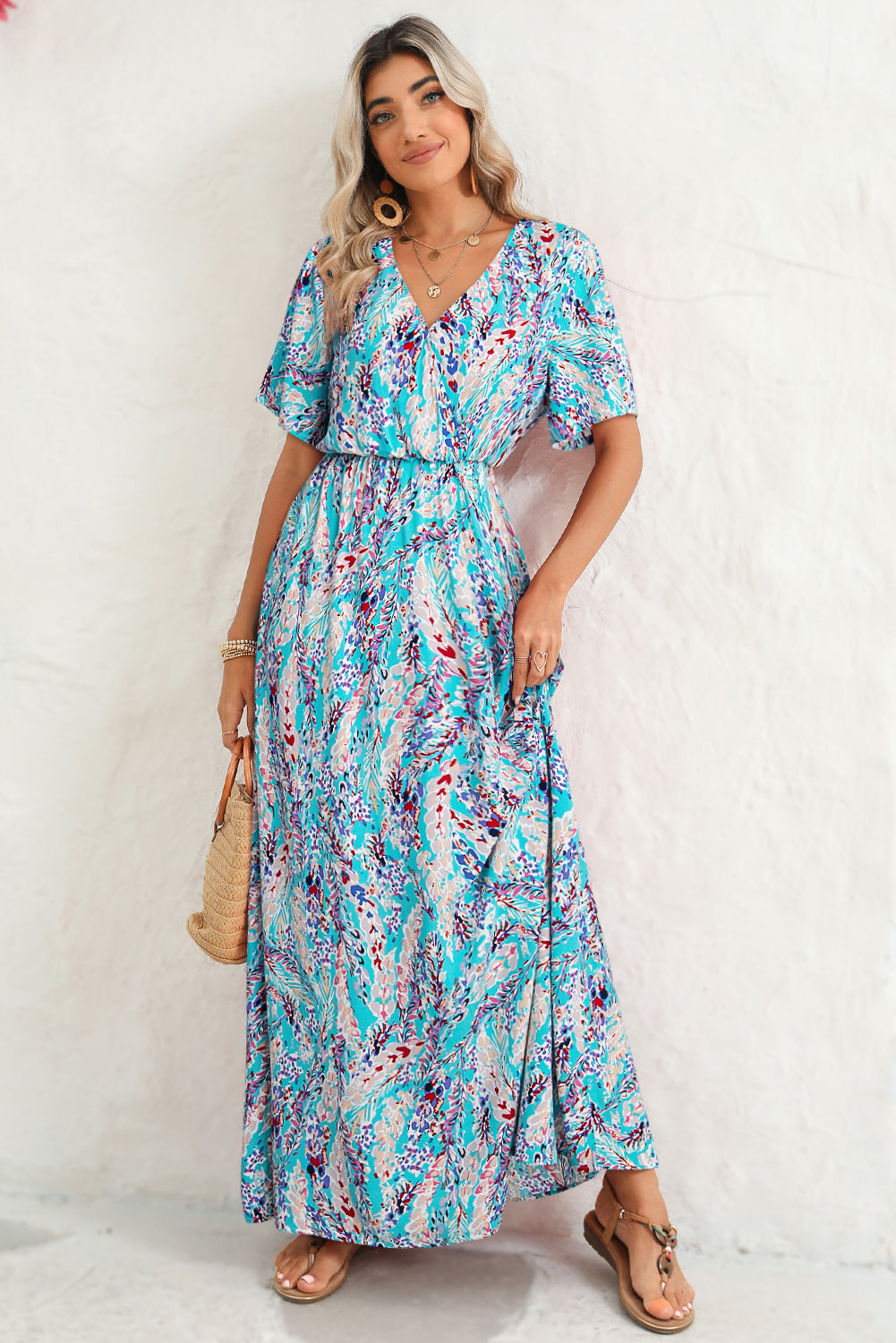 Abstract Print Wrap V Neck Flutter Sleeve Mid Length Summer Dress