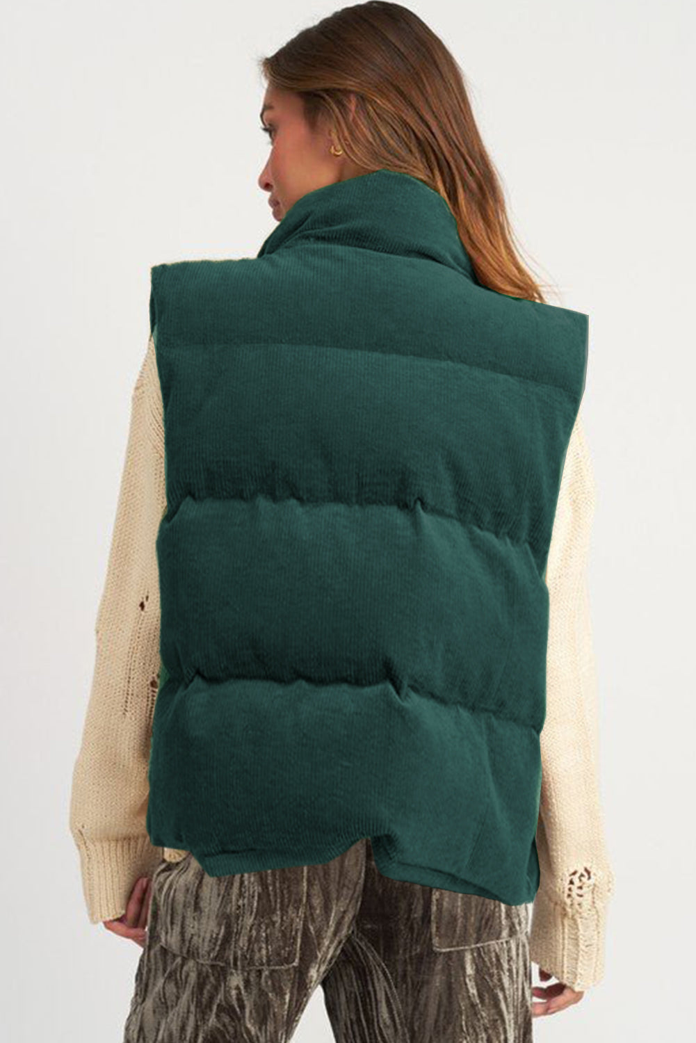 Jungle Green Solid Color Corduroy Puffer Vest Coat