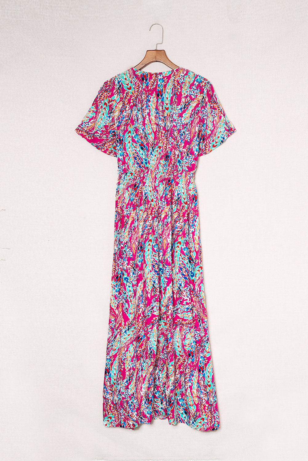 Abstract Print Wrap V Neck Flutter Sleeve Mid Length Summer Dress