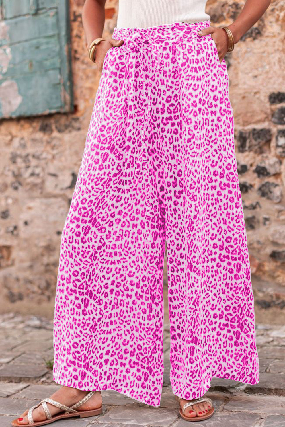 Bright Pink Boho Leopard Print Wide Leg Pants