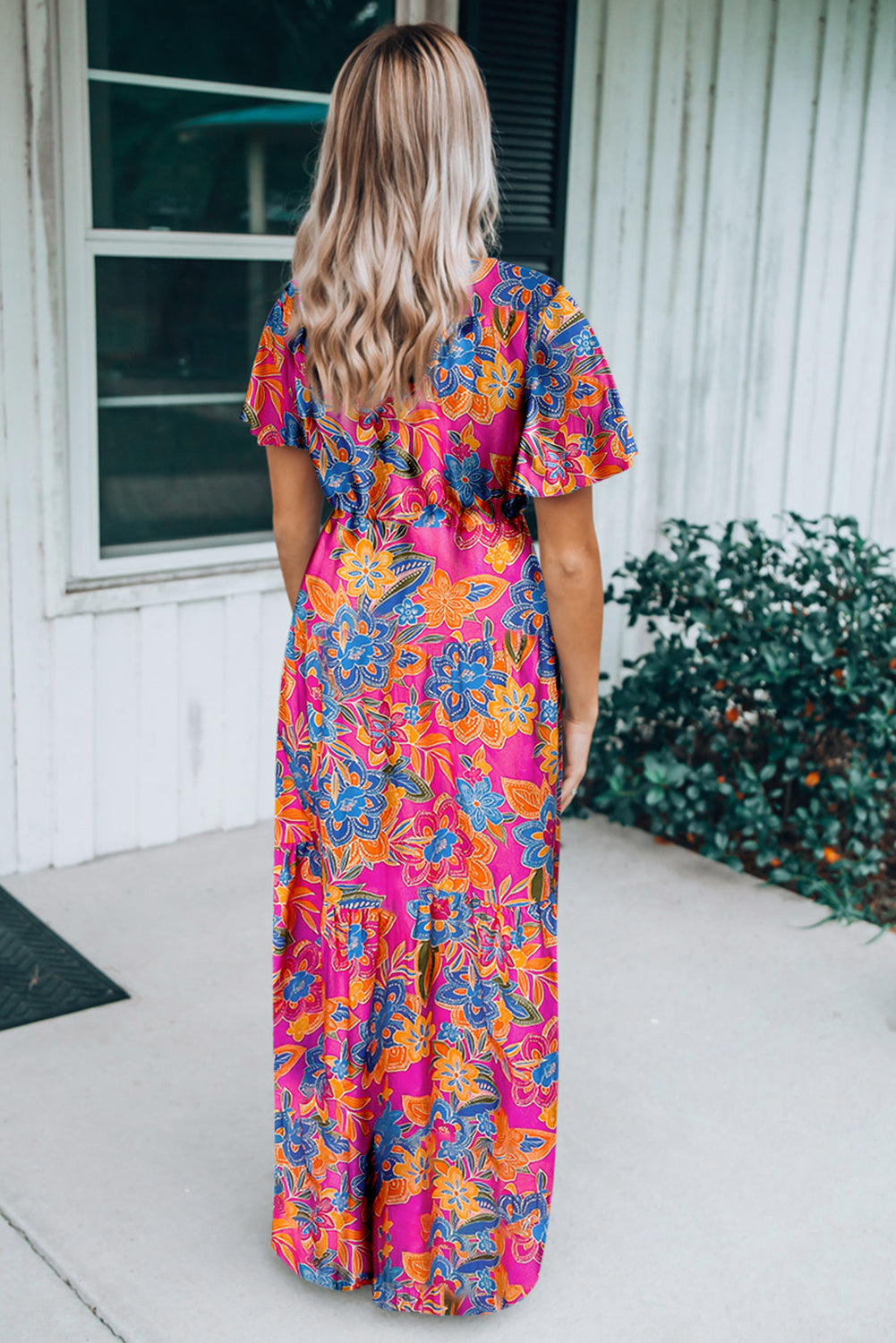 Abstract Print Wrap V Neck Flutter Sleeve Mid Length Summer Dress