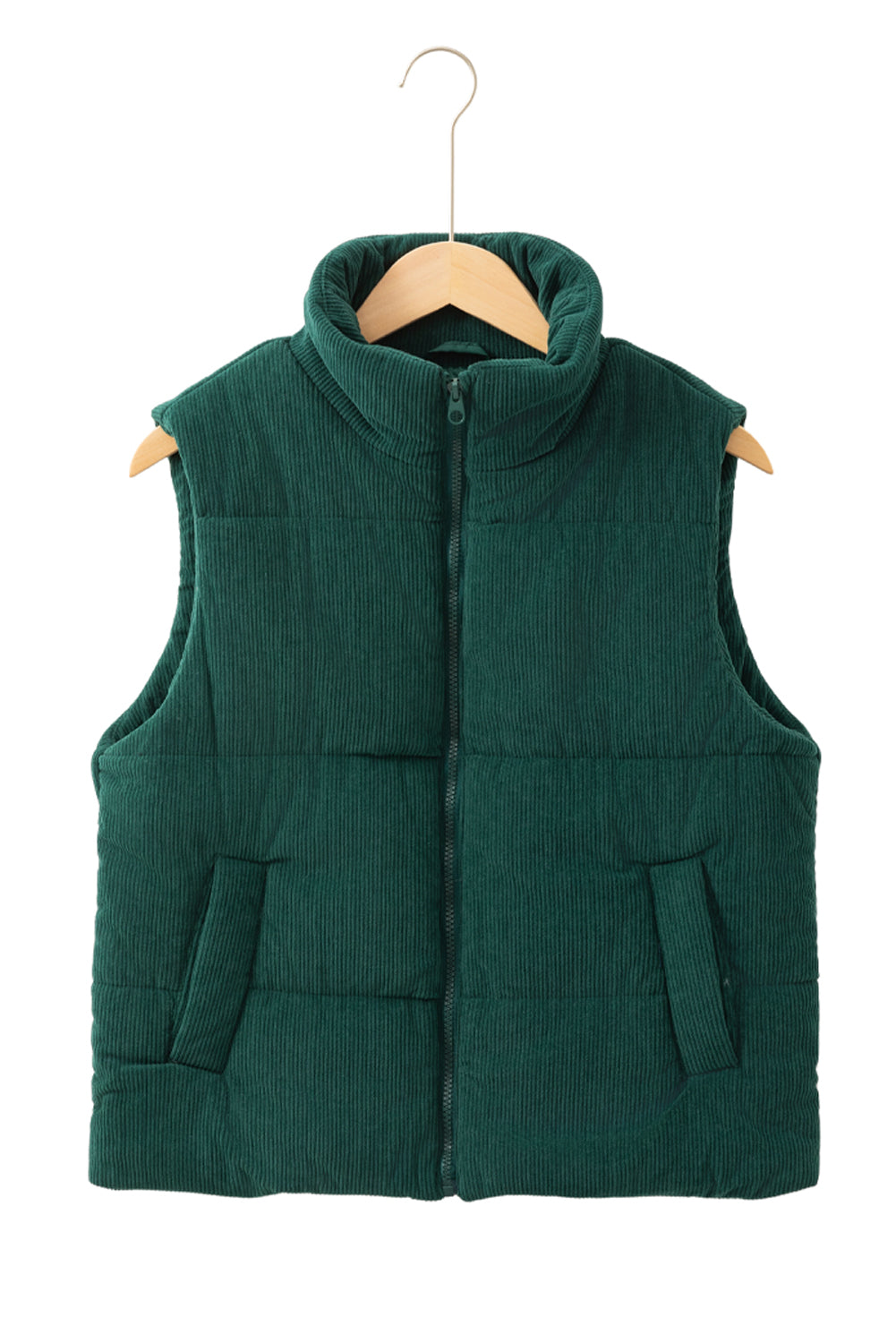 Jungle Green Solid Color Corduroy Puffer Vest Coat